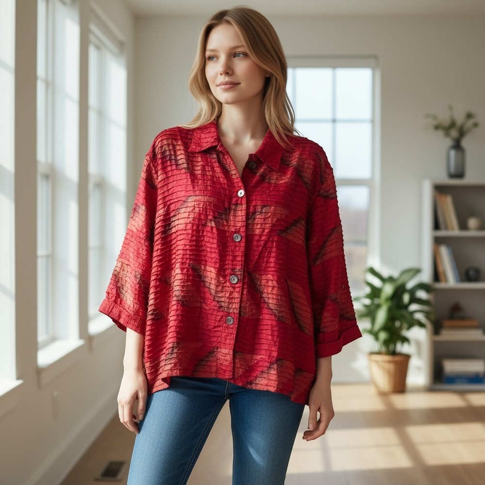 Chicos Design Silk Red Abstract Chevron Pleated Button Down Shirt Art to Wear